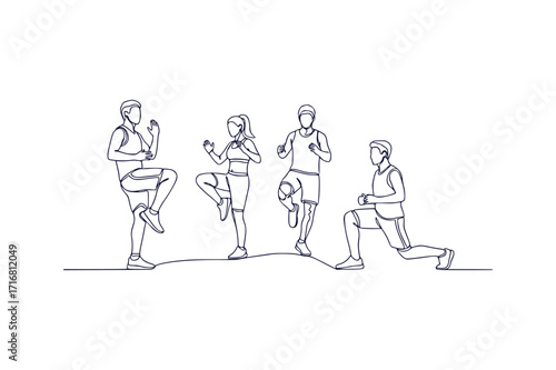 Continuous line art outline vector illustration of a group doing aerobics exercise on a white background