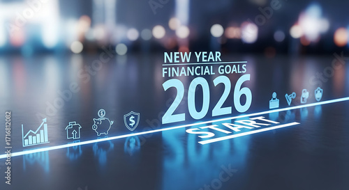New year financial goals for the year of twenty twenty six with financial icons on a blue background