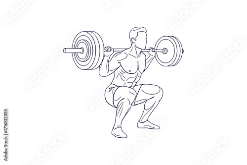 Elegant line art outline drawing vector illustration of a man doing squats with a barbell