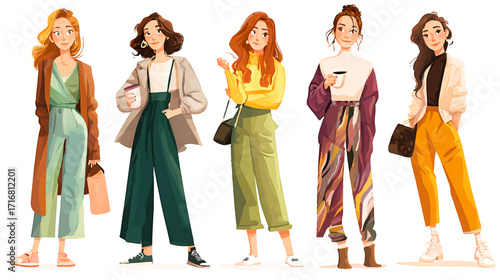 Cartoon vector women dressed in stylish trendy clothes, female fashion illustration, modern chic outfits, elegant accessories, vibrant colors, contemporary street style, creative design, fashionable 