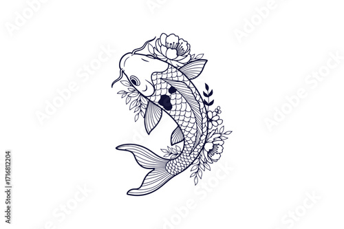 Japanese koi fish with floral pattern line art vector illustration on white background