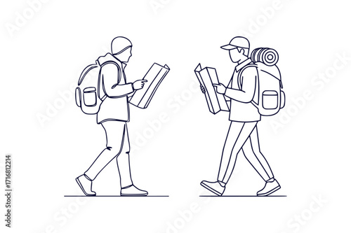 Minimal line art outline drawing vector illustration of a traveler walking with a backpack and map in hand