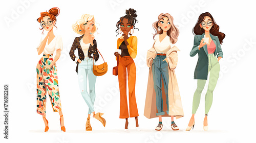 Cartoon vector women dressed in stylish trendy clothes, female fashion illustration, modern chic outfits, elegant accessories, vibrant colors, contemporary street style, creative design, fashionable 
