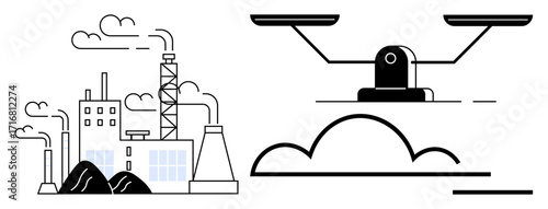 Factory with chimneys releasing smoke alongside a balance scale symbolizing environmental impact. Ideal for climate change, pollution, sustainability, industry, regulation, responsibility, simple