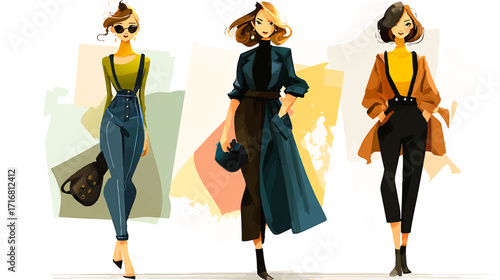 Cartoon vector women dressed in stylish trendy clothes, female fashion illustration, modern chic outfits, elegant accessories, vibrant colors, contemporary street style, creative design, fashionable 