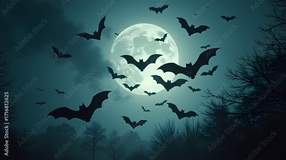 Obraz premium Epic cinematic swarm of bats creating Halloween shapes in the night sky