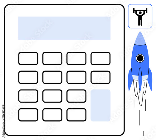Calculator with blue rocket taking off, signifying innovation and progress. Icon of a person with weights showing success. Ideal for technology, startup, finance, productivity, business growth