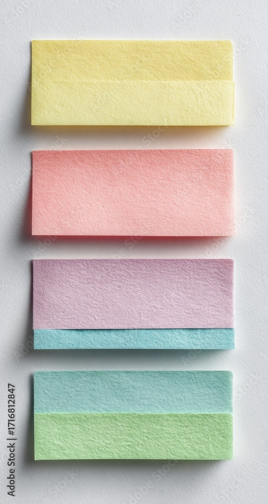 Fototapeta premium Stack of colorful, pastel sticky notes in yellow, pink, purple, and green