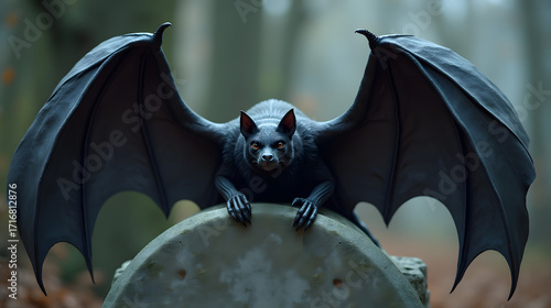 Realistic close up of bat wings wrapped around a gravestone