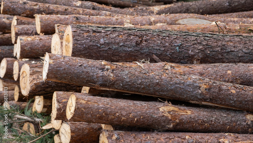  Wooden Logs with Forest on Background, birch tree logs close-up. Environmental damage, ecological issues, ecology, nature, wood, deforestation, alternative energy, lumber industry.