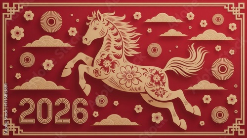 Intricate papercut style horse illustration for chinese new year 2026, featuring floral patterns, clouds, and sun on a red backdrop, symbolizing a prosperous year