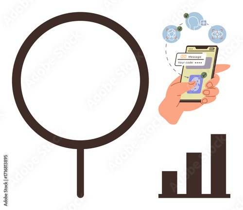 Magnifying glass, hand entering secure code on phone, bar chart, and data icons. Ideal for cybersecurity, mobile technology, data protection, privacy, authentication analysis simple flat metaphor