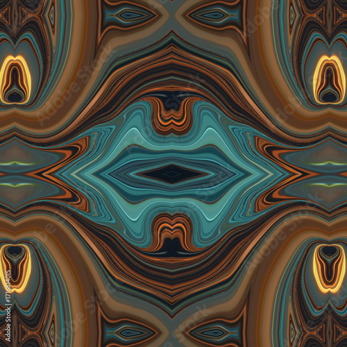 Vibrant abstract artwork with flowing turquoise, orange, and brown patterns forming symmetrical waves. Perfect for abstract, art, and background designs.