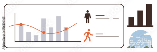 Bar chart, line graph, user icons, and industrial structures visualize growth, users, and data trends. Ideal for data analysis, business growth, industry user demographics statistics trend