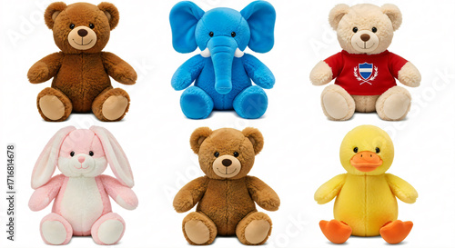 A grid of six plush toys two brown bears, a blue elephant, a beige bear in a red shirt, a pink bunny, and a yellow duck.
