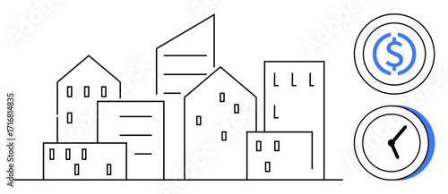 Simplified city skyline depicted with minimal outlines, a dollar emblem for cost, and a clock for time management themes. Ideal for urban planning, budget efficiency, investment, business scheduling