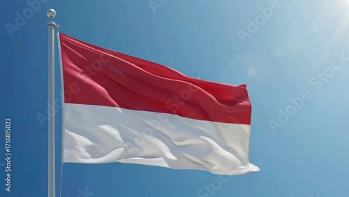 A realistic digital video of the Monaco national flag waving in the soft morning light, with a clear blue sky behind it.