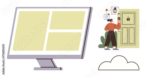 Person scanning face on smart door lock, monitor displaying interface, cloud icon. Ideal for security, technology, smart home, identity verification, innovation, cloud storage simple flat metaphor