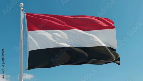 A realistic digital video of the Yemen national flag waving in the early morning, with a clear blue sky as background.