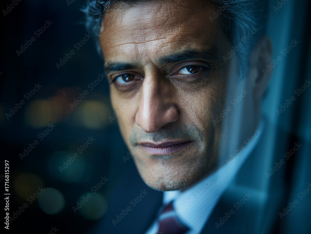 Fototapeta premium Seriou Serious Businessman Portrait with Intense Gaze at Night