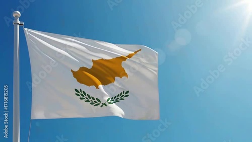 A realistic digital video of the Cyprus national flag waving in the morning wind, with a bright blue sky behind it.