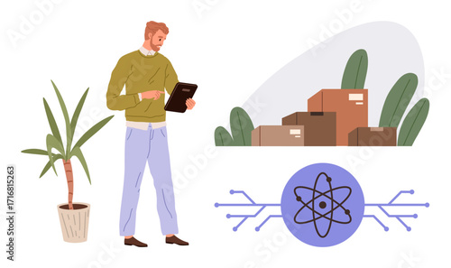 Man holding tablet near potted plant, boxes, and atom graphic symbolizing science and tech. Ideal for technology, logistics, productivity, innovation, e-commerce, sustainability simple flat metaphor