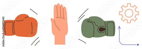 Red and green boxing gloves face-off, separated by a hand gesture signaling stop, symbolizing conflict resolution. A gear and arrow imply strategy and progress. Ideal for teamwork, negotiation