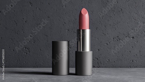 A light mauve lipstick, in a dark gray cylinder case, sits on a gray surface against a dark gray wall