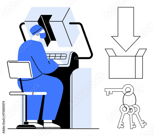 Worker at control panel operating machine, large arrow pointing to box, set of keys nearby. Ideal for manufacturing, automation, security, productivity, workflow systems logistics. Simple flat