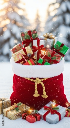 A festive Santa sack brimming with bright gifts amidst a snowy wonderland, radiating holiday cheer and the spirit of Christmas giving.