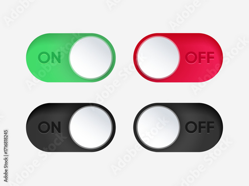 3d On and Off toggle switch icons. Switch toggle buttons ON OFF. Material design switch buttons set. Open and close ui icons. Active and Inactive icon. Stock Vector.