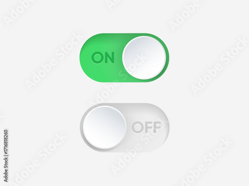 3d On and Off toggle switch icons. Switch toggle buttons ON OFF. Material design switch buttons set. Open and close ui icons. Active and Inactive icon. Stock Vector.