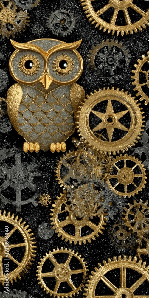 Obraz premium An owl perched amidst intricately detailed gears, gold and grey on black