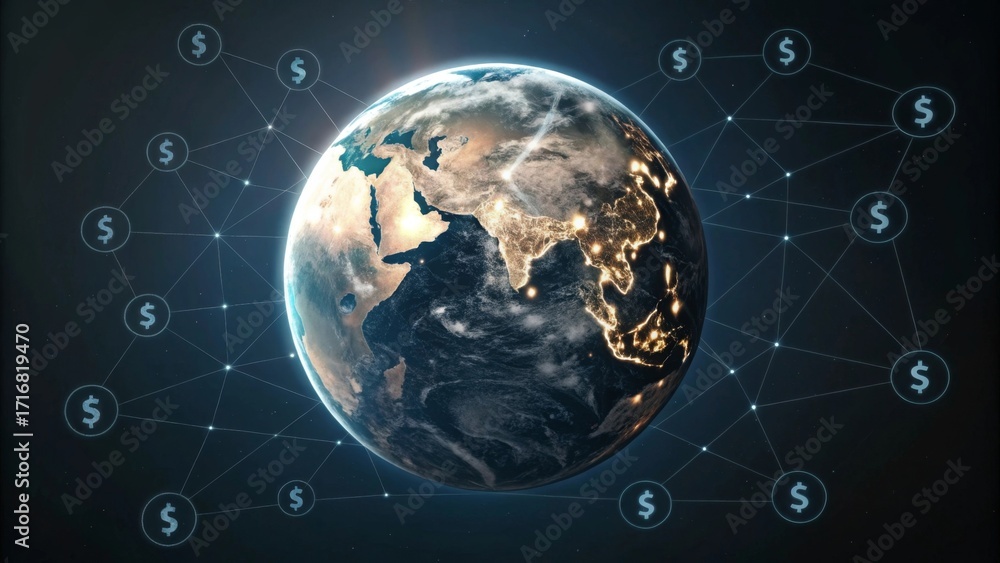 Fototapeta premium Global economy dynamics illuminated earth globe surrounded by currency icons digital finance environment international trade concept