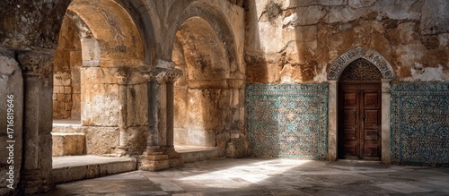 Sunlit interior of a weathered stone structure, arches and patterned tiles