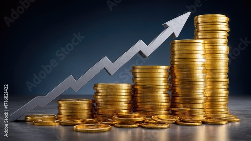 Bright golden coin stacks arranged in ascending order alongside a prominent silver arrow pointing upward. Symbolizes financial gain and economic expansion.