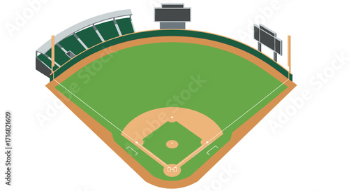 Top-down view of a baseball field with stands and bases.