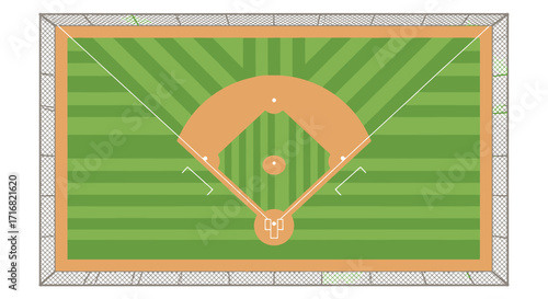 Top-down view of a baseball field, showing bases and playing area.
