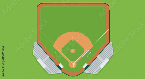 Overhead view of a baseball field, showing the diamond, bases, and surrounding stadium seating.