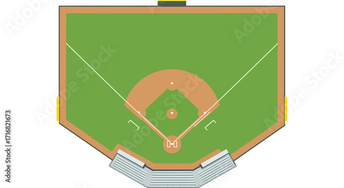Top-down view of a baseball field, showing bases and playing area.