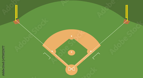 Overhead view of a simplified baseball field, showing the infield, outfield, and foul poles.
