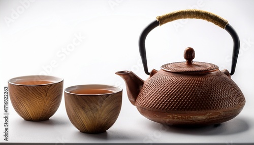Old Style Kettle With Two Cups Of Tea On White Background