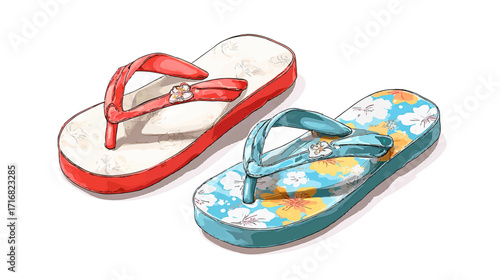 Summer beach slipper, flip flop vector icon, sand sandal, pool shoe set, cartoon rubber footwear isolated on white background. Colorful comic