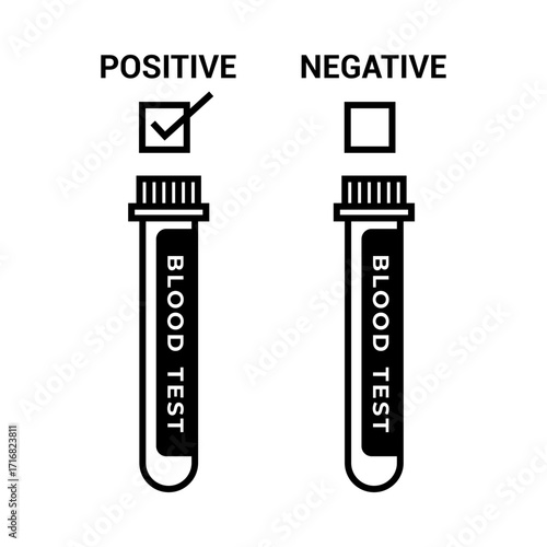Blood Test Positive and Negative Icon, used for healthcare diagnostics and laboratory testing.