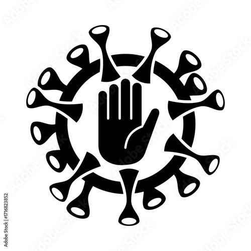 Black and white vector illustration of a virus symbol with a raised hand inside, representing prevention, safety, and stopping infection spread.