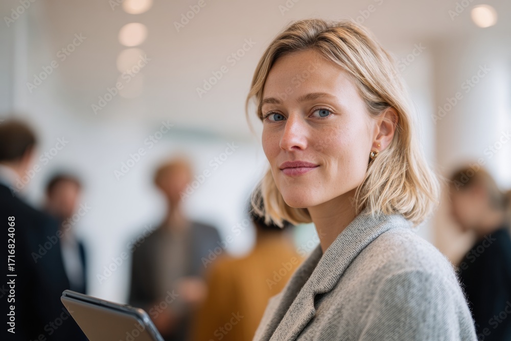Fototapeta premium Confident businesswoman holding tablet modern office professional portrait business woman corporate worker indoor setting neutral background