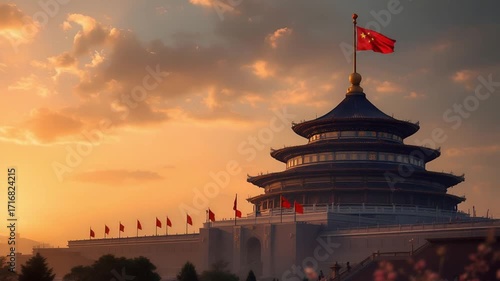Majestic Temple of Heaven with Chinese Flag at Sunset Architectural Wonder of Beijing