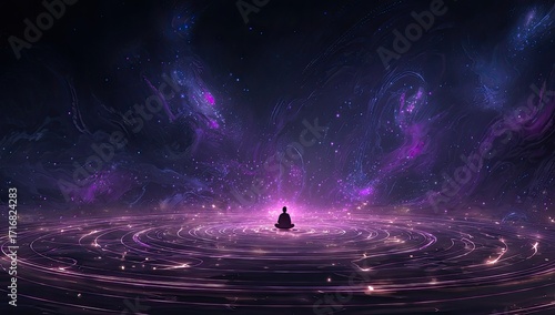 Cosmic Meditation Figure meditates amidst swirling nebula, peaceful background, spiritual artwork