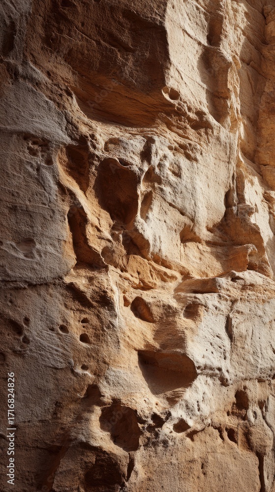 Fototapeta premium Close-up of textured sandstone cliff face with natural erosions and shadows