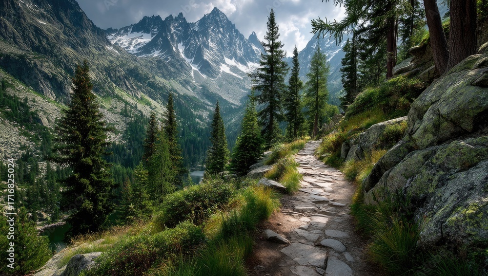 Obraz premium and keyword list based on the imageHiking Trail Winds Through Alpine Mountains to Lake.